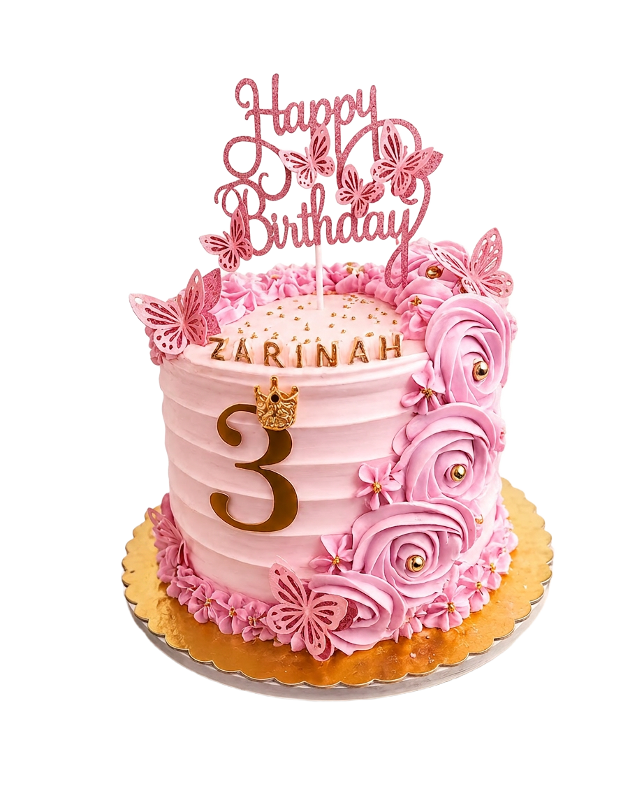 Pink birthday cake with roses, butterflies, and gold board